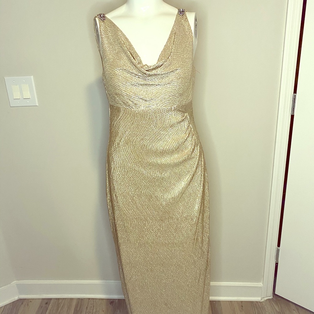 Ralph Lauren evening gown gold bodycon embellish